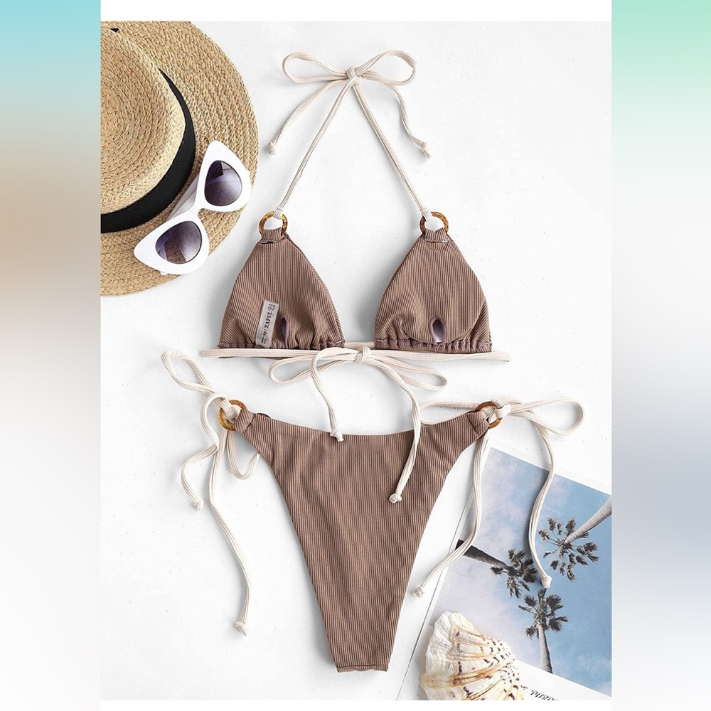 NWT ZAFUL Halter Triangle Bikini Ribbed String. Coffee colored - Picture 4 of 7